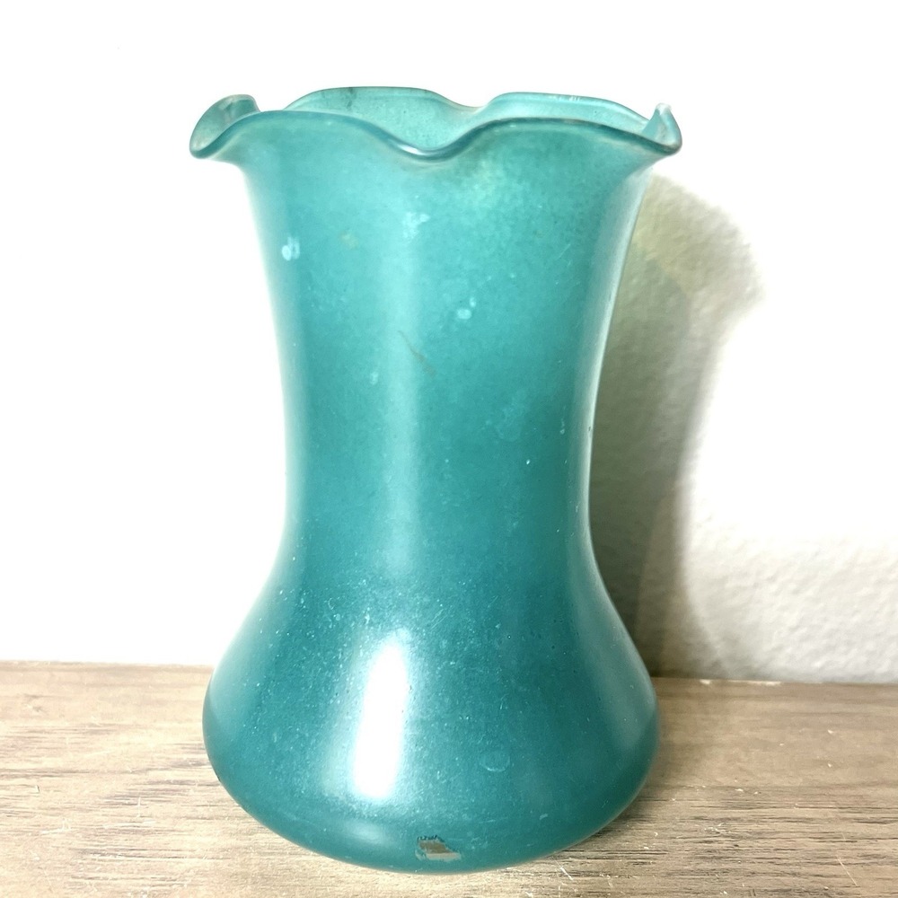 Vintage Mid-Century Teal Satin‎ Glass Vase 5" Ruffled Top Opaque MCM Decor READ